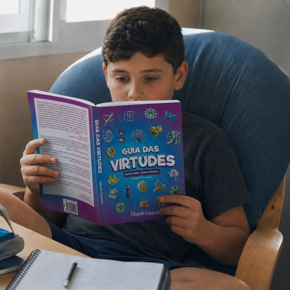 Menino lendo o Guia das Virtudes numa poltrona.