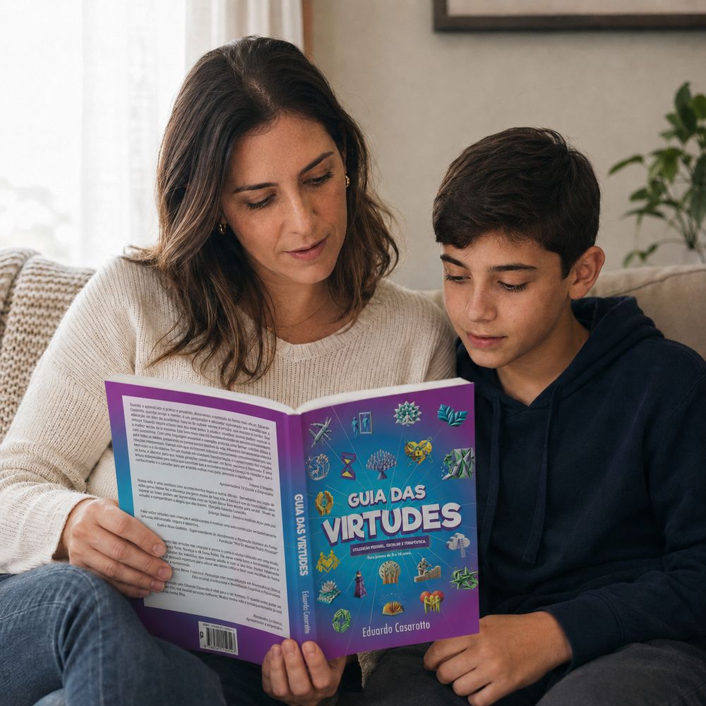 Mãe e filho lendo o Guia das Virtudes no sofá.