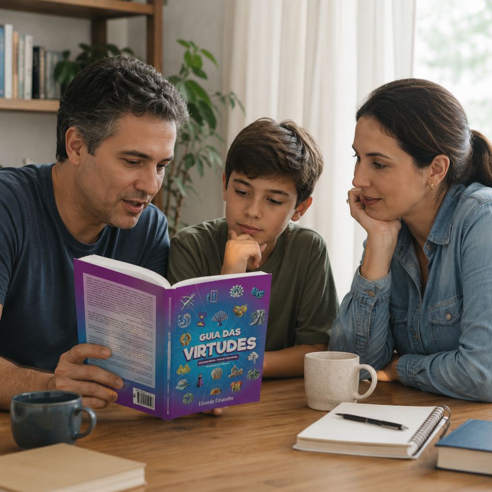 Pai, mãe e filho lendo o Guia das Virtudes juntos à mesa.