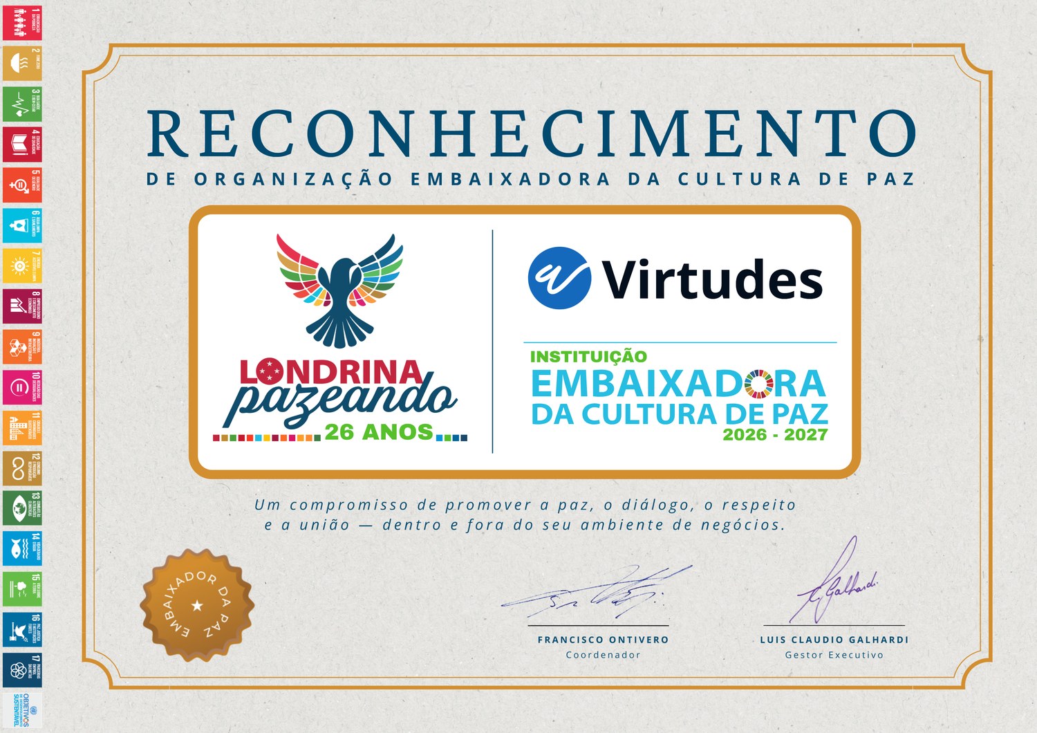 Certificado de Reconhecimento de Organização Embaixadora da Cultura de Paz 2026-2027 concedido ao Instituto Virtudes.